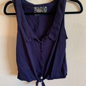 Anthropologie Biloxi Shirt, Navy Blue Tie Front with Collared Top, Size S